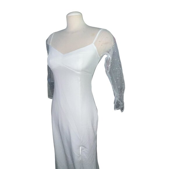 Lulus Eternally Beloved White Mesh Off-the-Shoulder Pearl Maxi Wedding Dress Sz - Picture 8 of 16